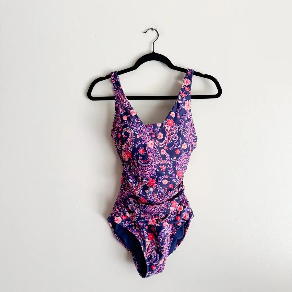 Lands' End Purple + Navy Blue Paisley Floral Print Ruched One Piece Swimsuit XS